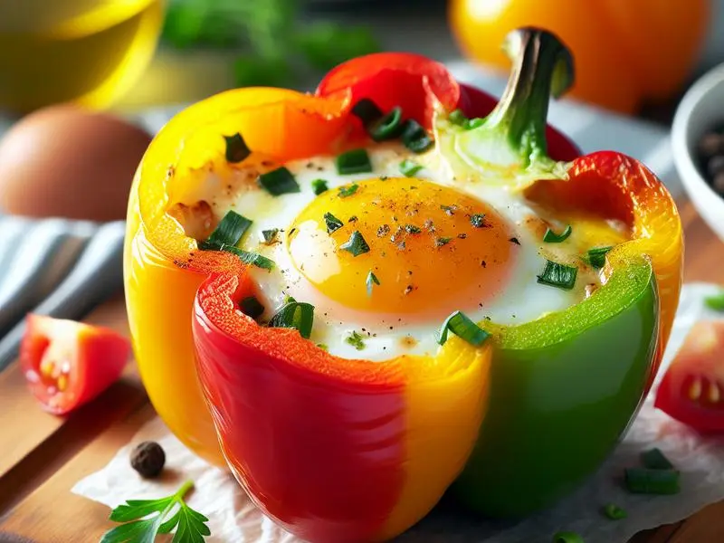Fırında Renkli Biber İçinde Otlu Yumurta Fırında Renkli Biber İçinde Otlu Yumurta